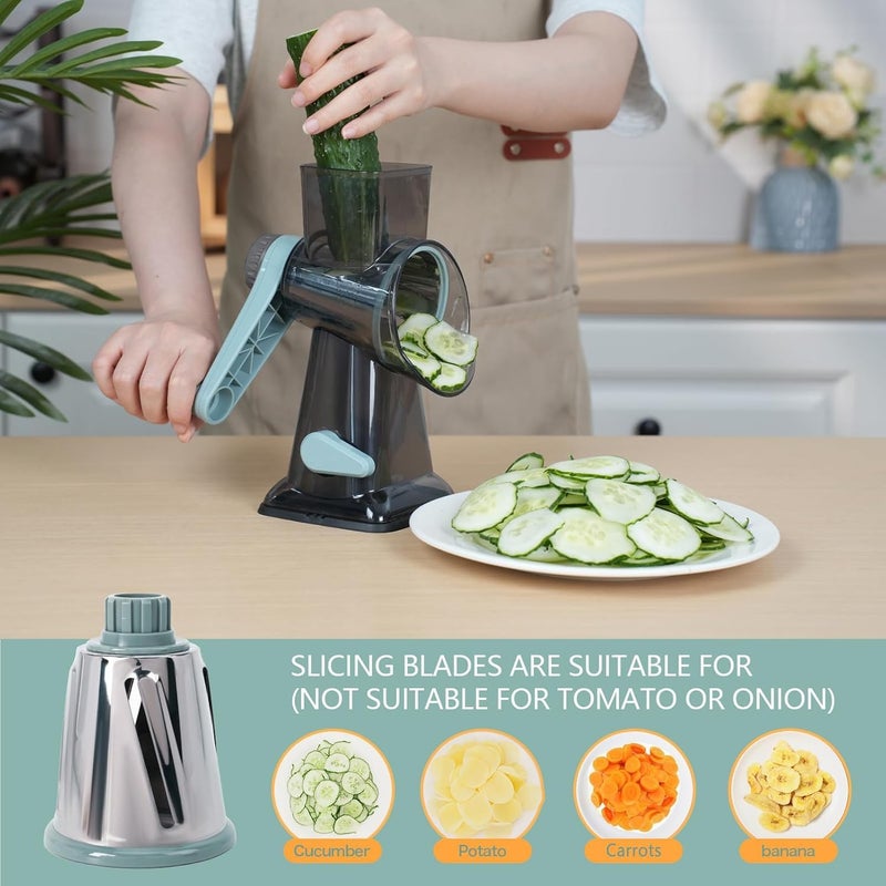 TiwisiTe Rotary Cheese Grater Multi-Purpose Stainless Steel Shredder- Cheese Grater With handle Effortless Grating of Vegetables, Nuts and Fruits,with Suction Base and Cleaning Brush (blue) - Image 3